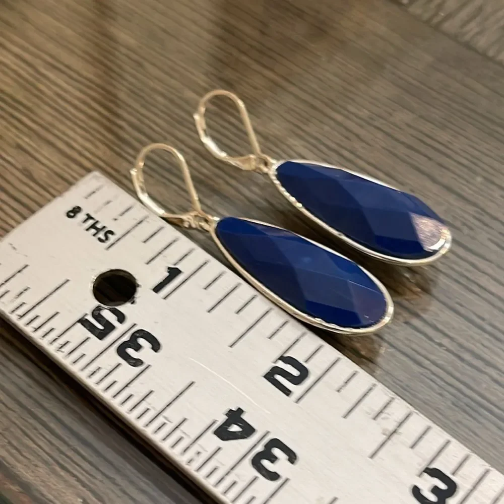 Long Silver-tone Tear Drop Lever Bag Earrings with Blue Faceted Gem